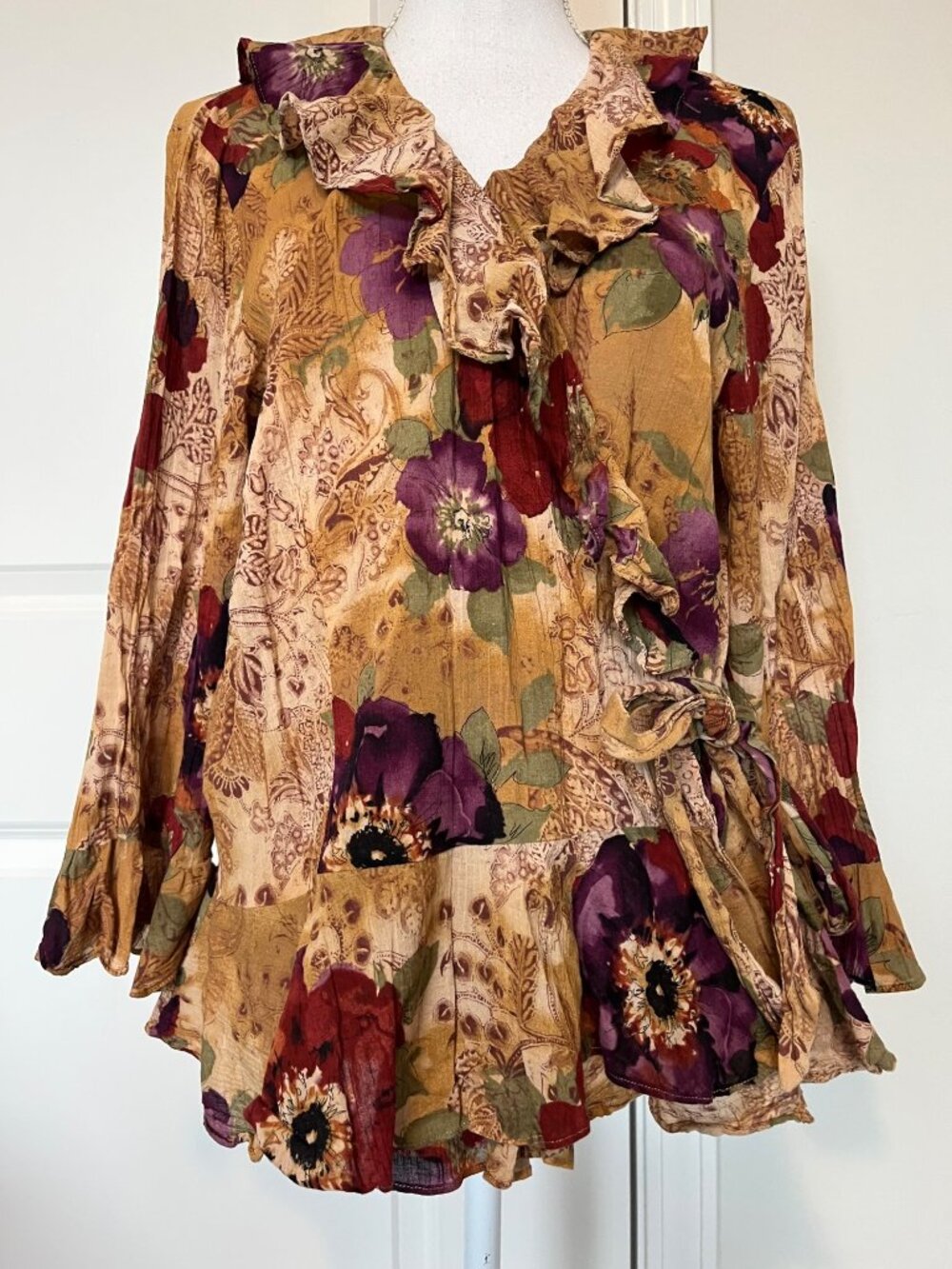 Vtg Chaps Womens Floral Ruffled Wrap Blouse Size 1X 100% Cotton Boho Fairycore